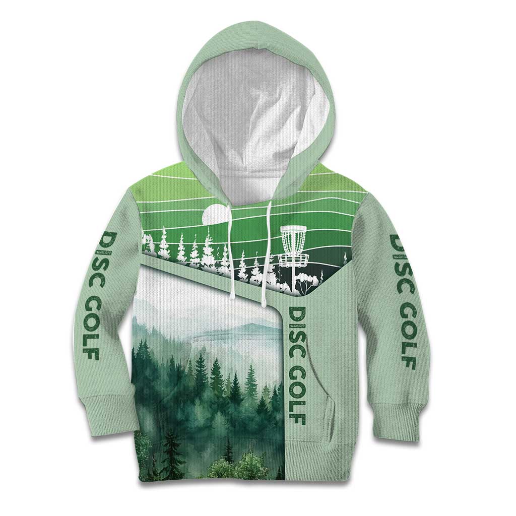 Custom Disc Golf Kid Hoodie with Forest Landscape Basket Silhouette - Wonder Print Shop