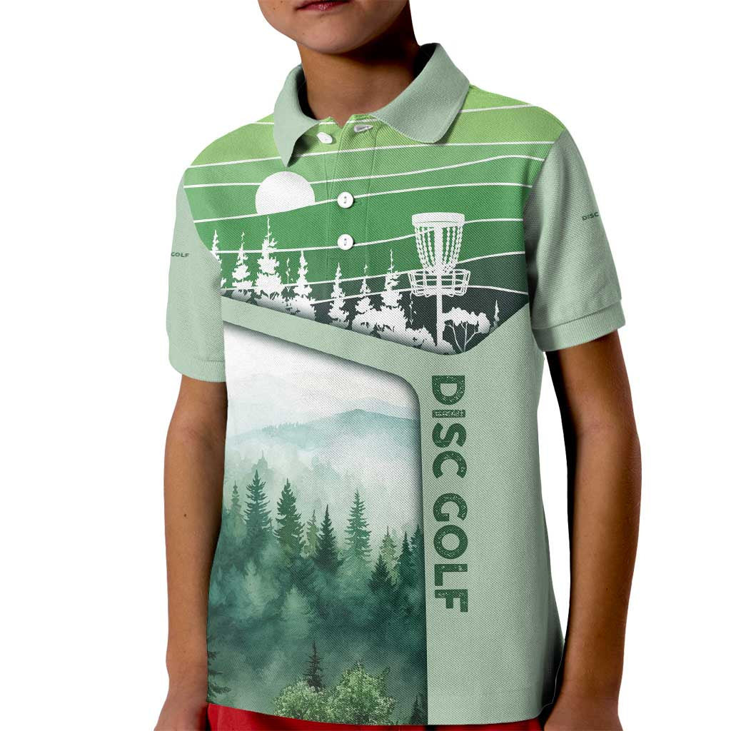 Custom Disc Golf Kid Polo Shirt with Forest Landscape Basket Silhouette - Wonder Print Shop