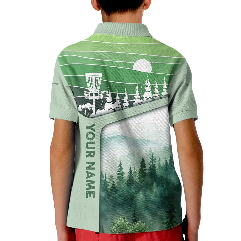 Custom Disc Golf Kid Polo Shirt with Forest Landscape Basket Silhouette - Wonder Print Shop