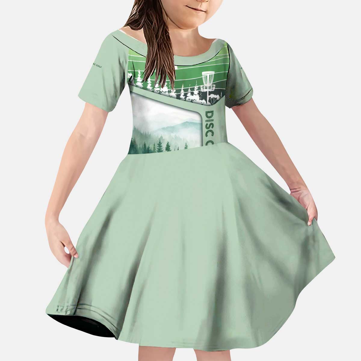 Custom Disc Golf Kid Short Sleeve Dress with Forest Landscape Basket Silhouette - Wonder Print Shop