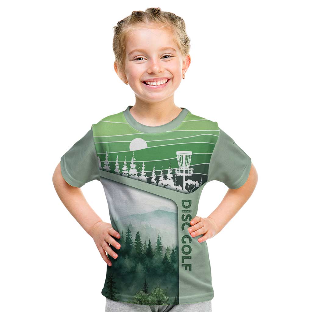 Custom Disc Golf Kid T Shirt with Forest Landscape Basket Silhouette - Wonder Print Shop