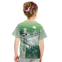 Custom Disc Golf Kid T Shirt with Forest Landscape Basket Silhouette - Wonder Print Shop