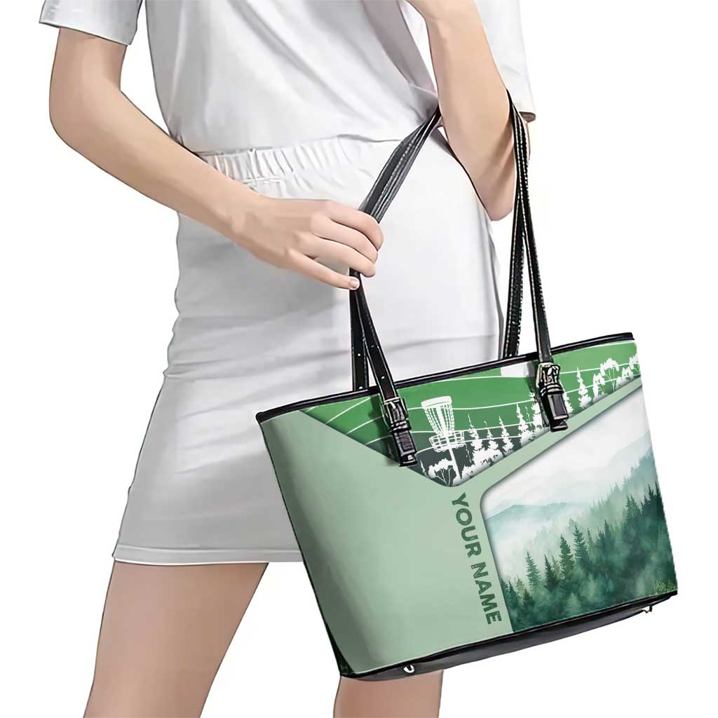 Custom Disc Golf Leather Tote Bag with Forest Landscape Basket Silhouette - Wonder Print Shop