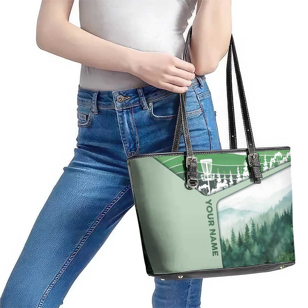 Custom Disc Golf Leather Tote Bag with Forest Landscape Basket Silhouette - Wonder Print Shop