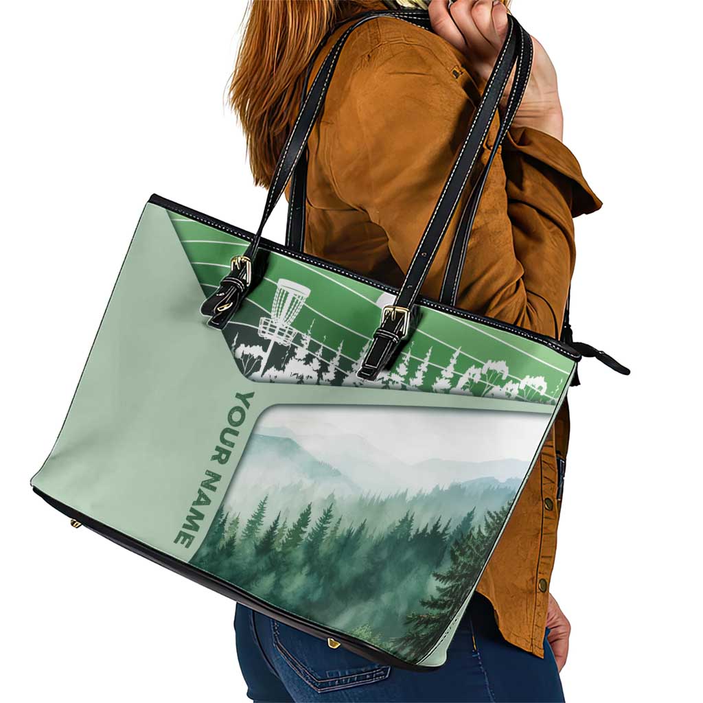 Custom Disc Golf Leather Tote Bag with Forest Landscape Basket Silhouette - Wonder Print Shop