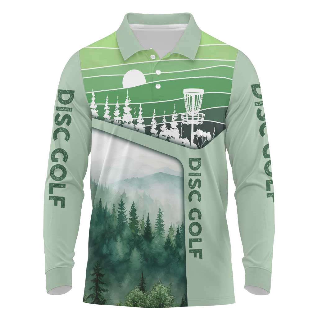 Custom Disc Golf Long Sleeve Polo Shirt with Forest Landscape Basket Silhouette - Wonder Print Shop