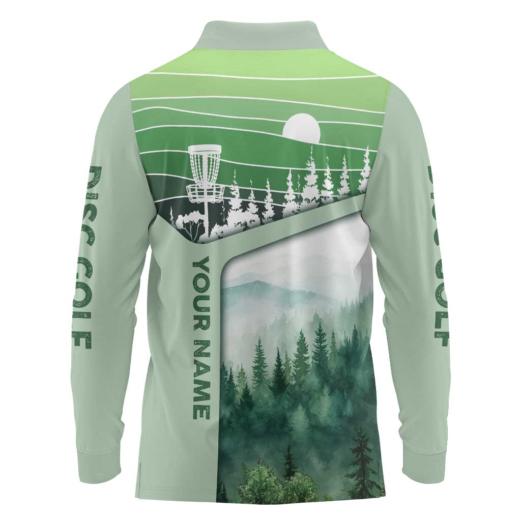 Custom Disc Golf Long Sleeve Polo Shirt with Forest Landscape Basket Silhouette - Wonder Print Shop