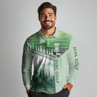Custom Disc Golf Long Sleeve Polo Shirt with Forest Landscape Basket Silhouette - Wonder Print Shop
