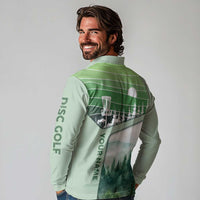 Custom Disc Golf Long Sleeve Polo Shirt with Forest Landscape Basket Silhouette - Wonder Print Shop