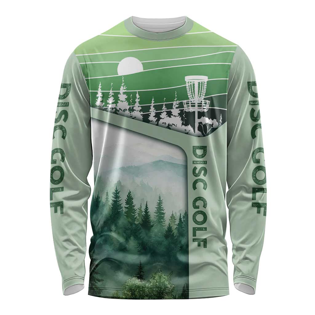 Custom Disc Golf Long Sleeve Shirt with Forest Landscape Basket Silhouette - Wonder Print Shop