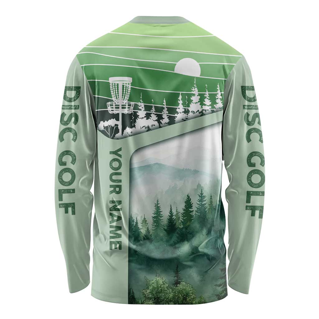 Custom Disc Golf Long Sleeve Shirt with Forest Landscape Basket Silhouette - Wonder Print Shop