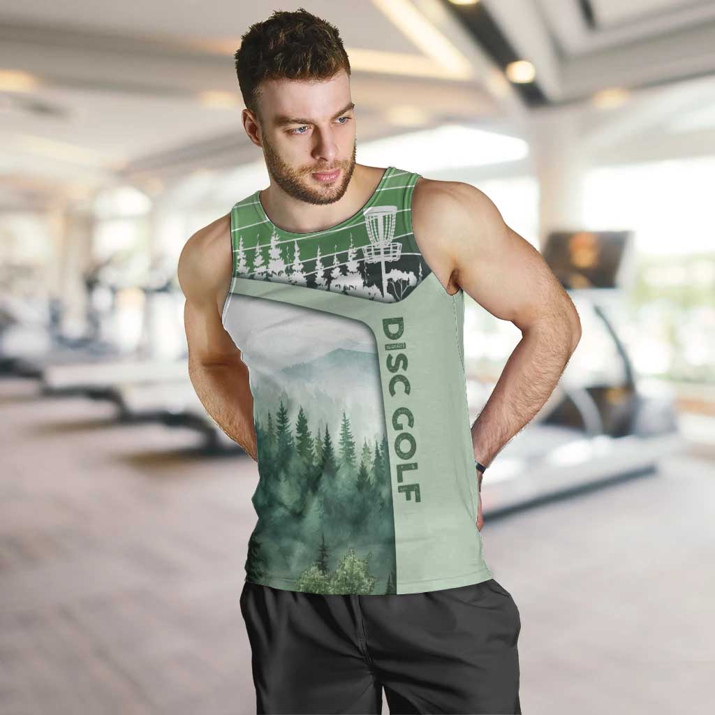 Custom Disc Golf Men Tank Top with Forest Landscape Basket Silhouette - Wonder Print Shop