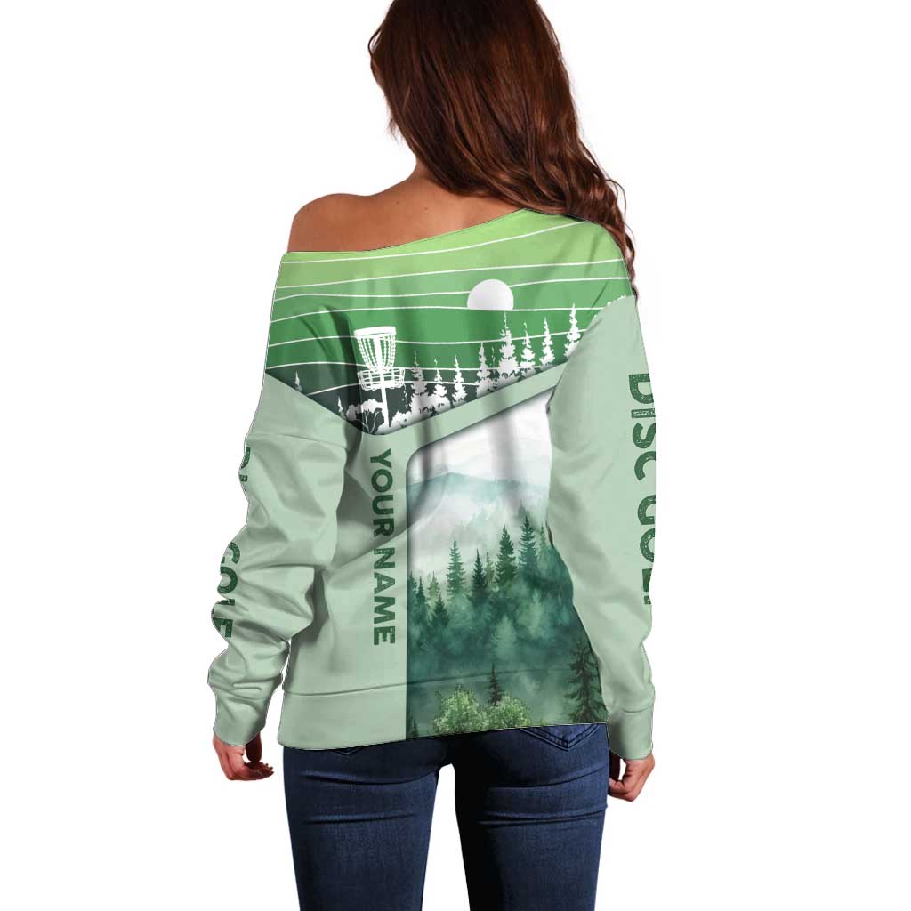 Custom Disc Golf Off Shoulder Sweater with Forest Landscape Basket Silhouette - Wonder Print Shop
