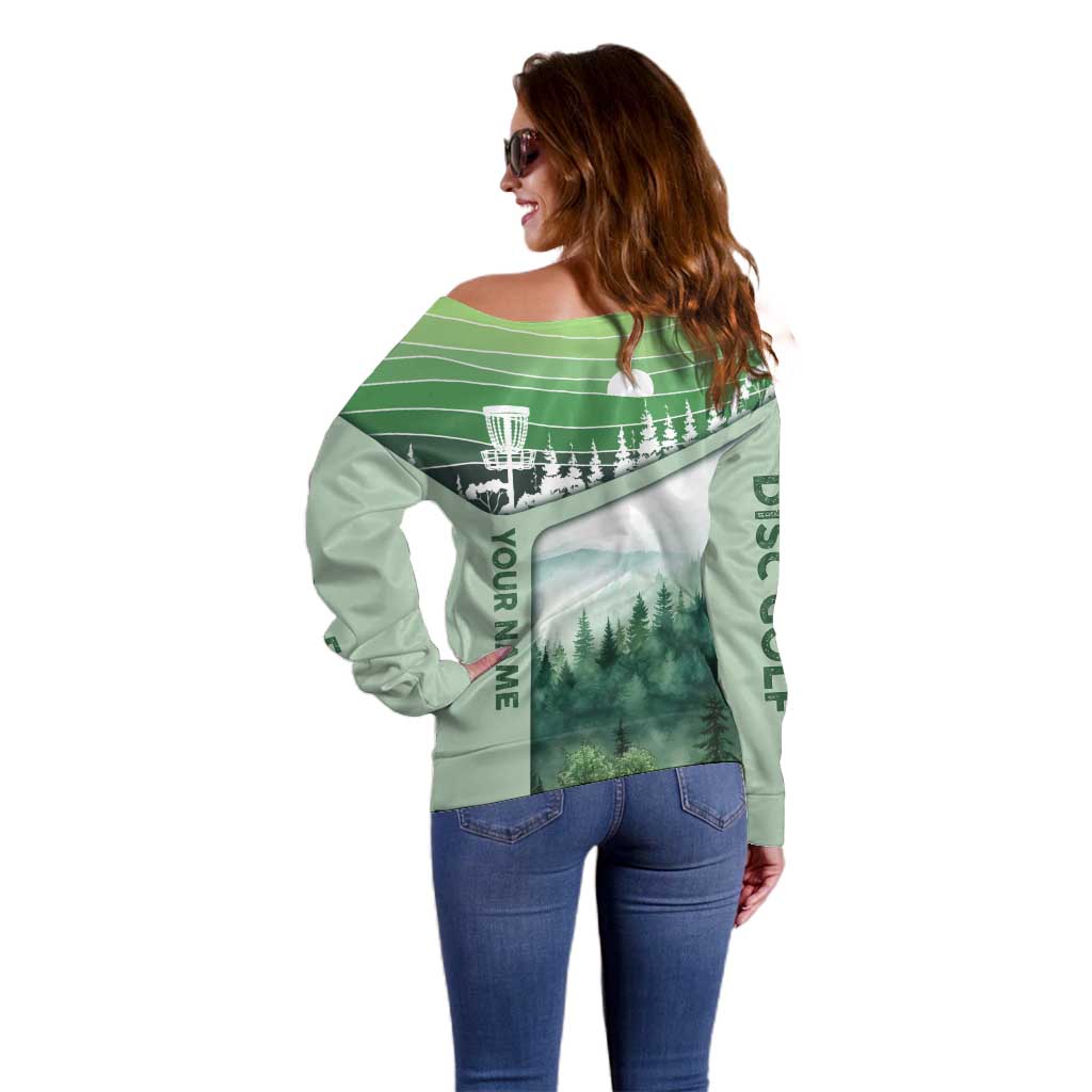 Custom Disc Golf Off Shoulder Sweater with Forest Landscape Basket Silhouette - Wonder Print Shop