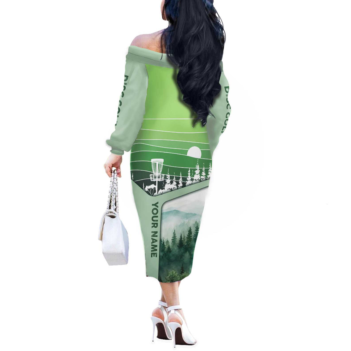 Custom Disc Golf Off The Shoulder Long Sleeve Dress with Forest Landscape Basket Silhouette - Wonder Print Shop
