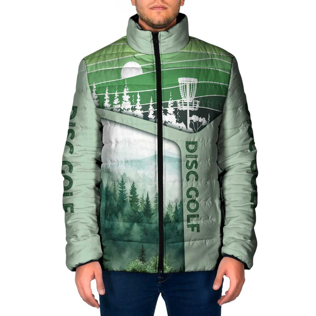 Custom Disc Golf Padded Jacket with Forest Landscape Basket Silhouette - Wonder Print Shop