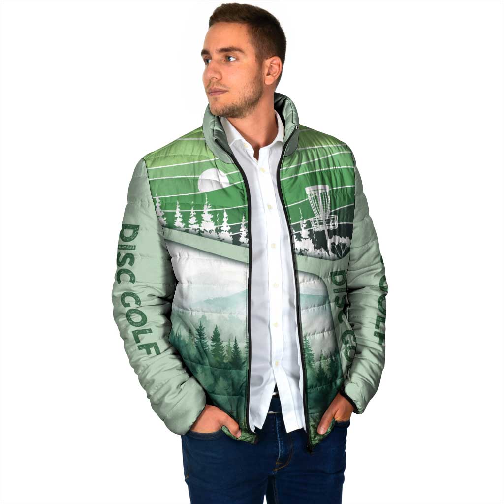 Custom Disc Golf Padded Jacket with Forest Landscape Basket Silhouette - Wonder Print Shop