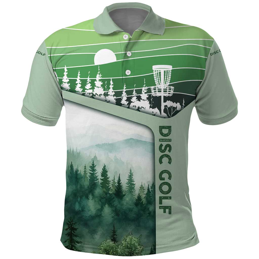 Custom Disc Golf Polo Shirt with Forest Landscape Basket Silhouette - Wonder Print Shop