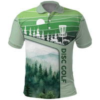 Custom Disc Golf Polo Shirt with Forest Landscape Basket Silhouette - Wonder Print Shop