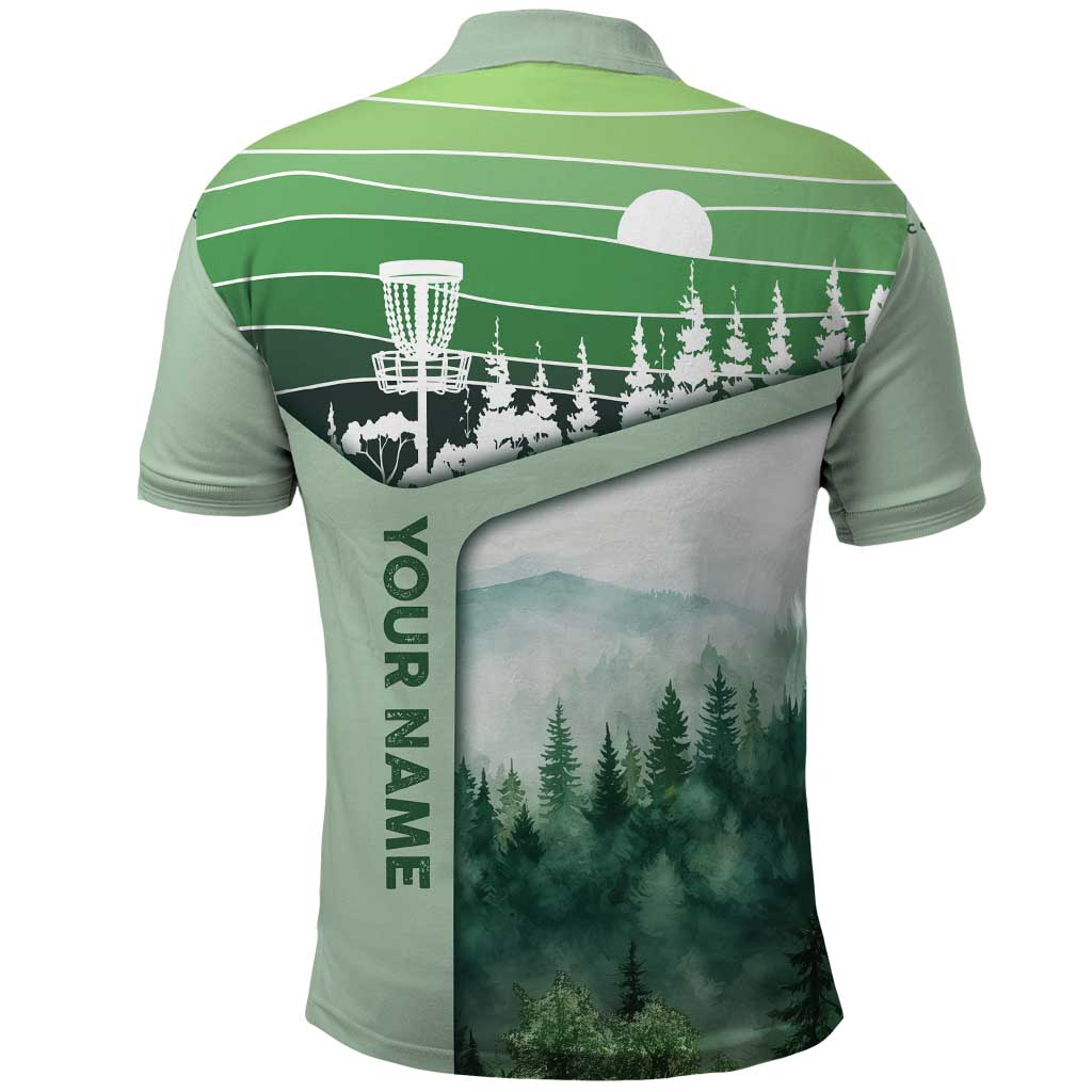 Custom Disc Golf Polo Shirt with Forest Landscape Basket Silhouette - Wonder Print Shop