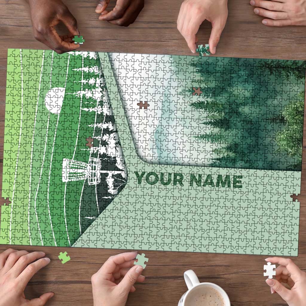 Custom Disc Golf Puzzle with Forest Landscape Basket Silhouette - Wonder Print Shop