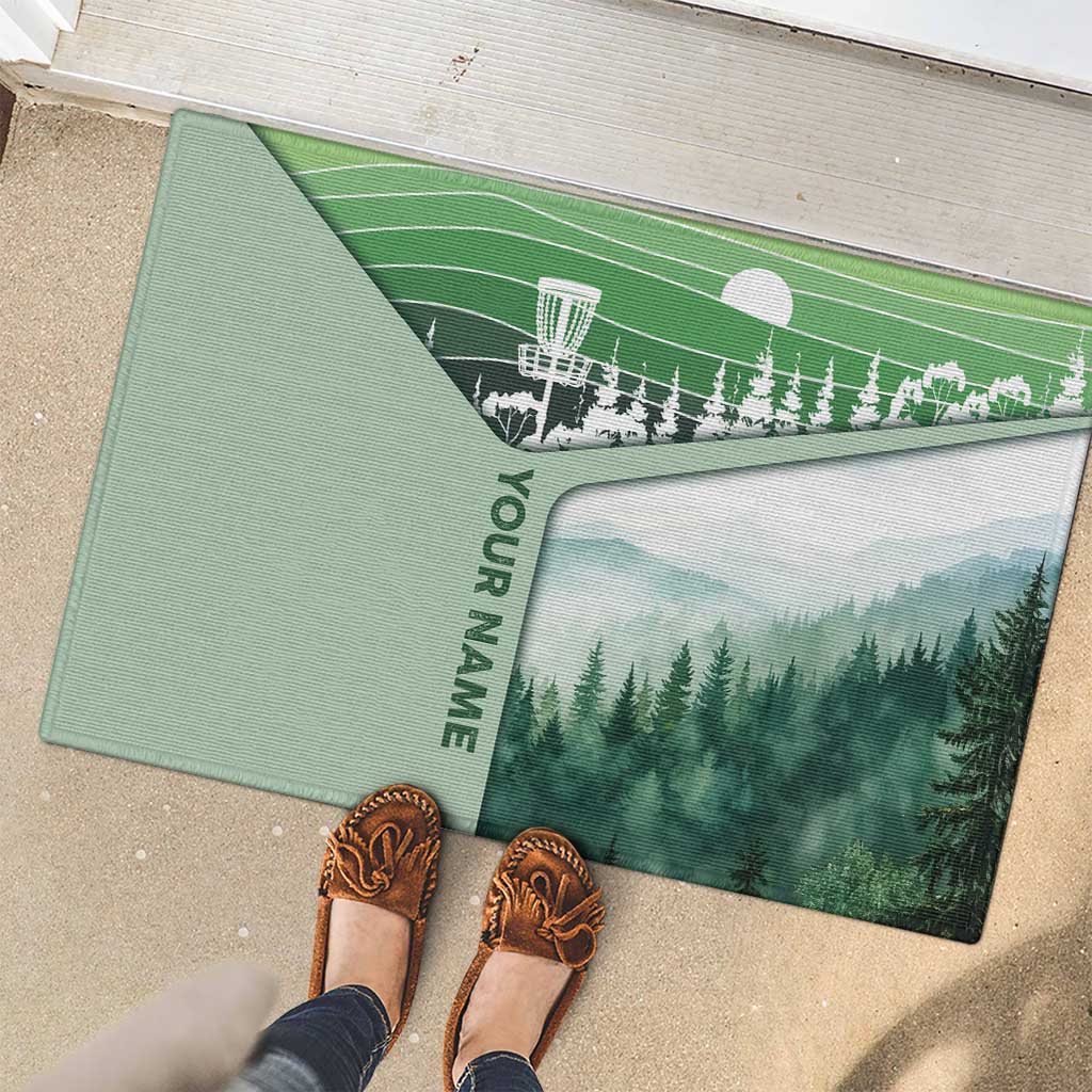 Custom Disc Golf Rubber Doormat with Forest Landscape Basket Silhouette - Wonder Print Shop