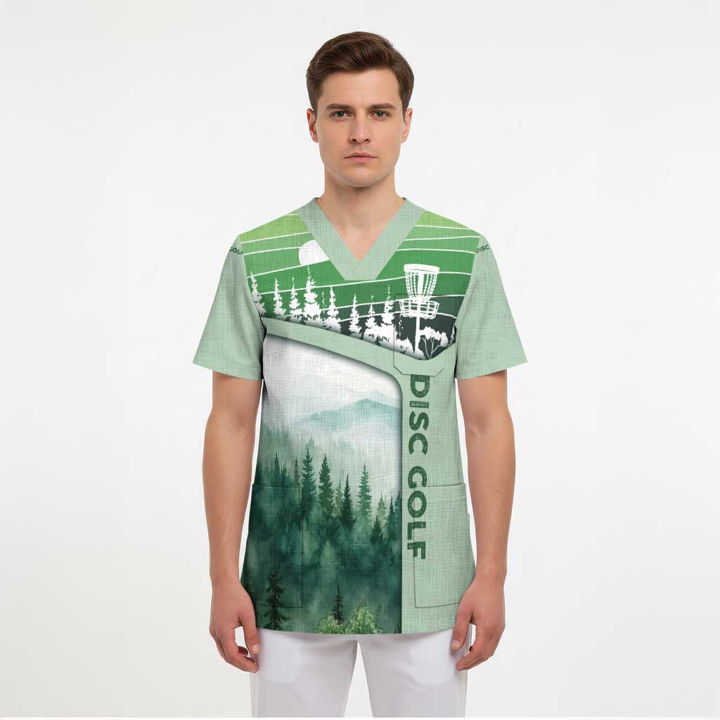 Custom Disc Golf Scrub Top with Forest Landscape Basket Silhouette - Wonder Print Shop