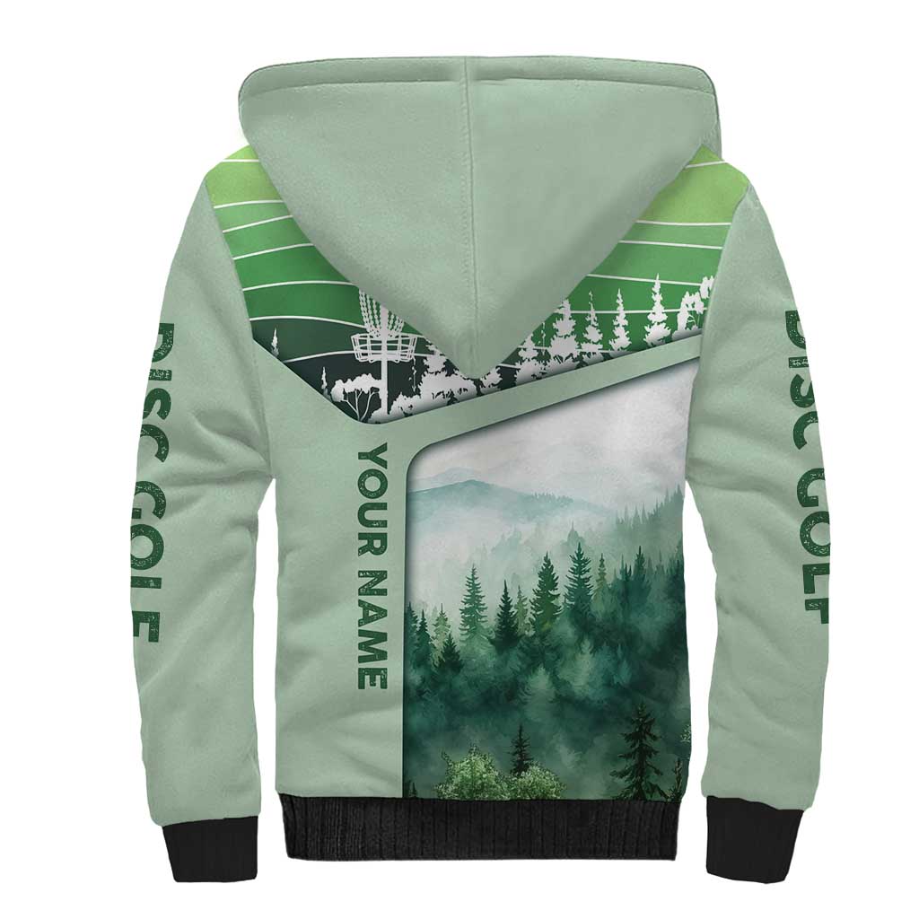 Custom Disc Golf Sherpa Hoodie with Forest Landscape Basket Silhouette - Wonder Print Shop