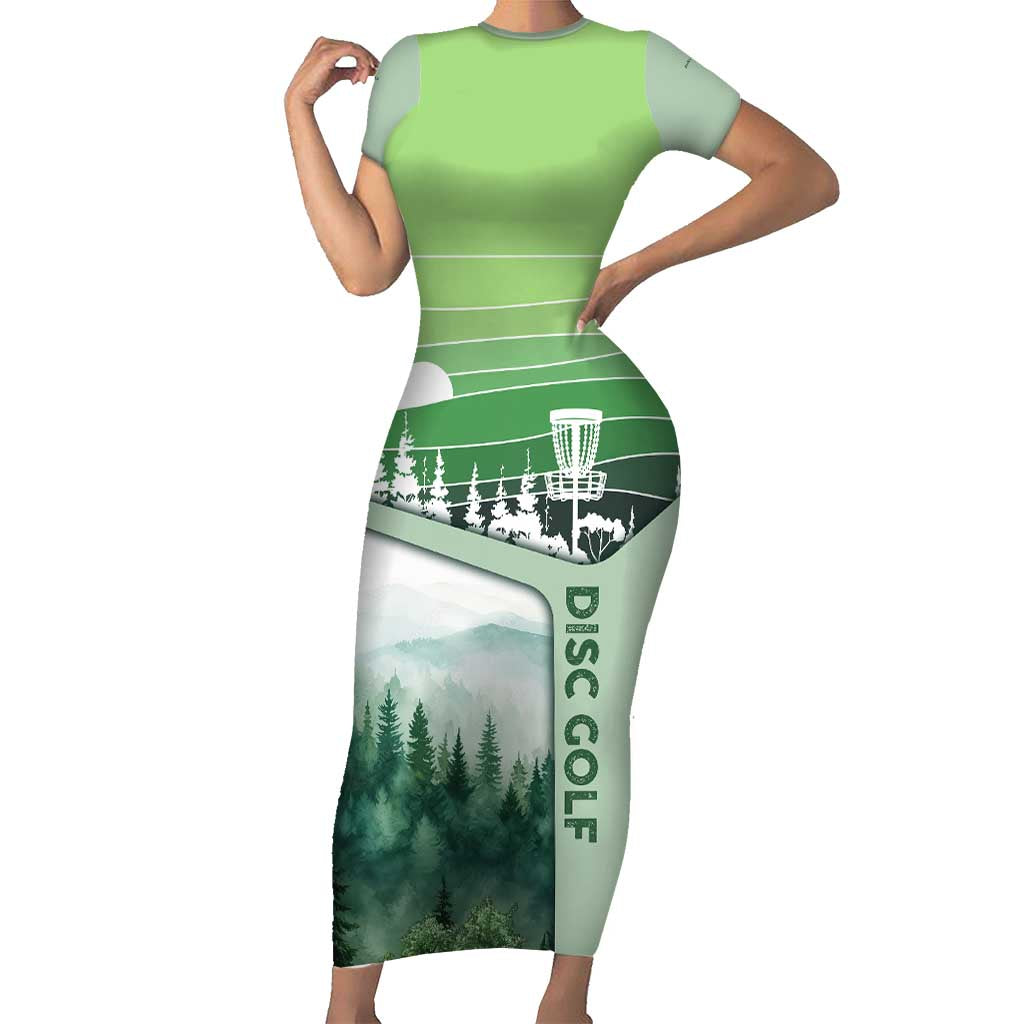 Custom Disc Golf Short Sleeve Bodycon Dress with Forest Landscape Basket Silhouette - Wonder Print Shop
