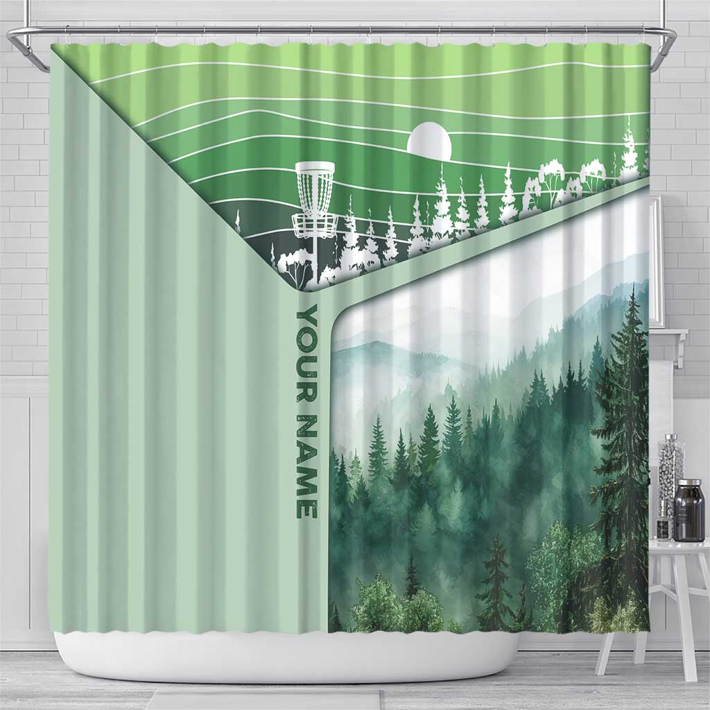 Custom Disc Golf Shower Curtain with Forest Landscape Basket Silhouette - Wonder Print Shop