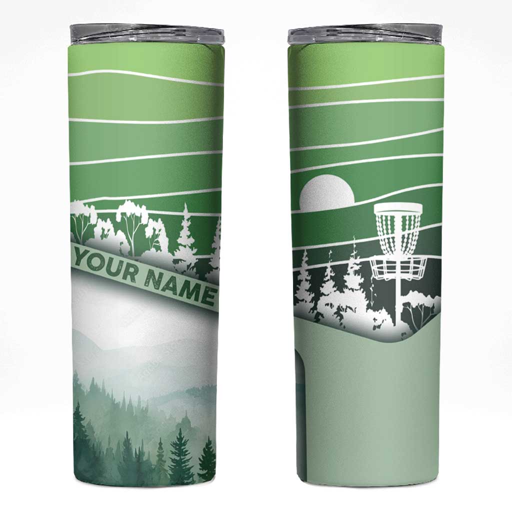 Custom Disc Golf Skinny Tumbler with Forest Landscape Basket Silhouette - Wonder Print Shop