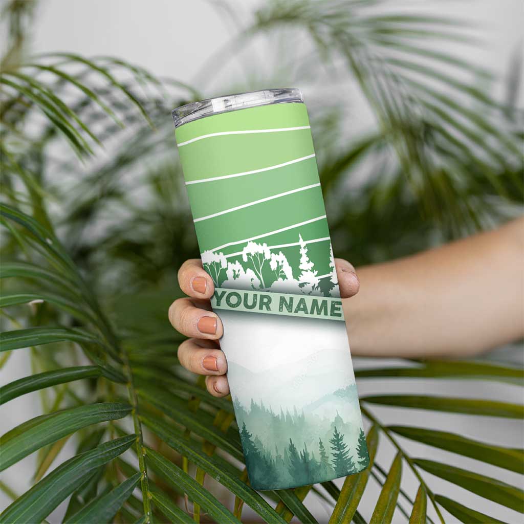 Custom Disc Golf Skinny Tumbler with Forest Landscape Basket Silhouette - Wonder Print Shop