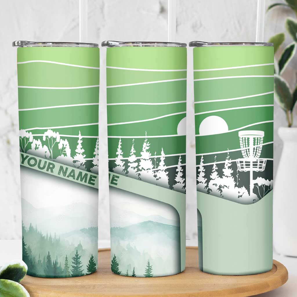 Custom Disc Golf Skinny Tumbler with Forest Landscape Basket Silhouette - Wonder Print Shop