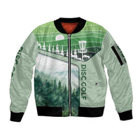Custom Disc Golf Sleeve Zip Bomber Jacket with Forest Landscape Basket Silhouette - Wonder Print Shop