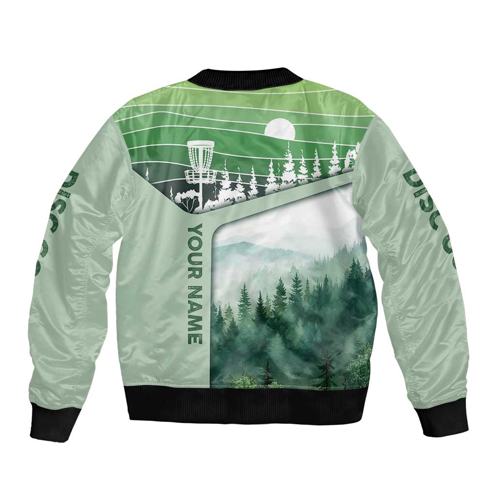 Custom Disc Golf Sleeve Zip Bomber Jacket with Forest Landscape Basket Silhouette - Wonder Print Shop