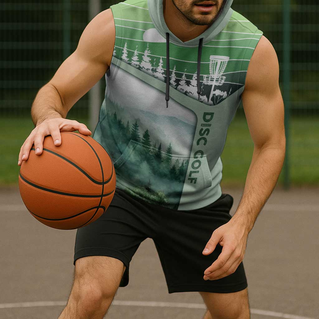 Custom Disc Golf Sleeveless Hoodie with Forest Landscape Basket Silhouette - Wonder Print Shop