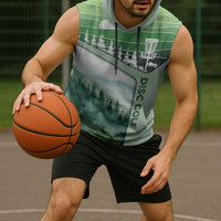 Custom Disc Golf Sleeveless Hoodie with Forest Landscape Basket Silhouette - Wonder Print Shop