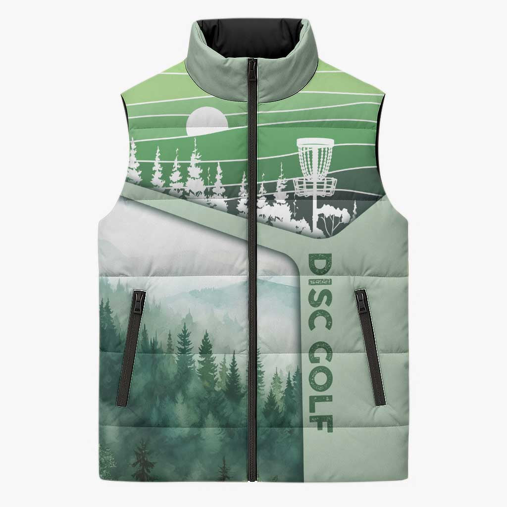 Custom Disc Golf Sleeveless Puffer Jacket with Forest Landscape Basket Silhouette - Wonder Print Shop