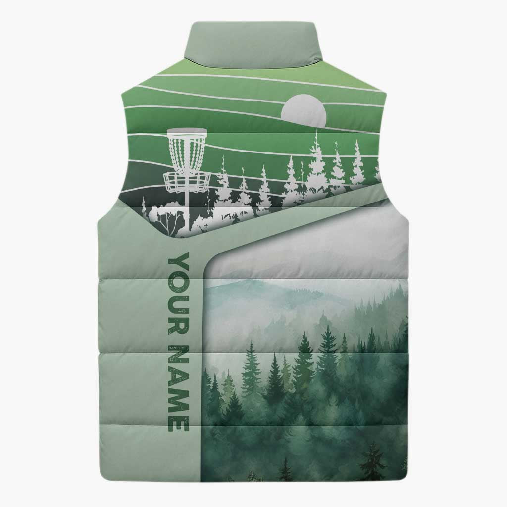 Custom Disc Golf Sleeveless Puffer Jacket with Forest Landscape Basket Silhouette - Wonder Print Shop