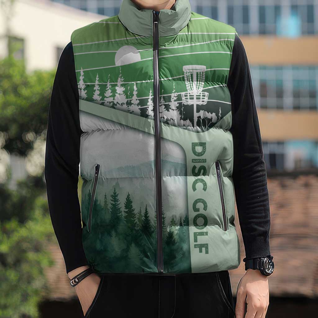 Custom Disc Golf Sleeveless Puffer Jacket with Forest Landscape Basket Silhouette - Wonder Print Shop