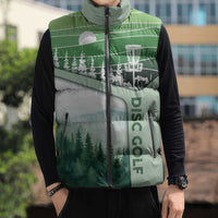 Custom Disc Golf Sleeveless Puffer Jacket with Forest Landscape Basket Silhouette - Wonder Print Shop