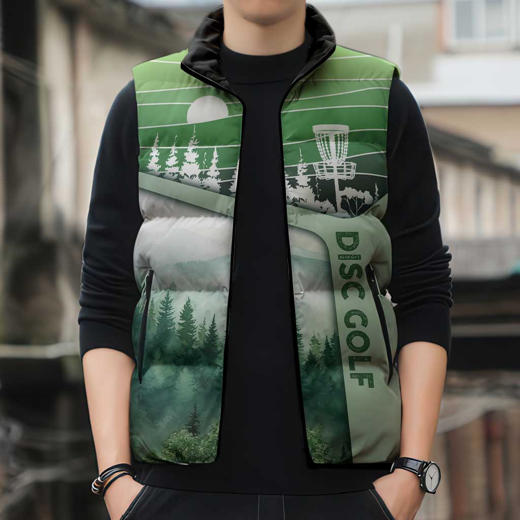 Custom Disc Golf Sleeveless Puffer Jacket with Forest Landscape Basket Silhouette - Wonder Print Shop