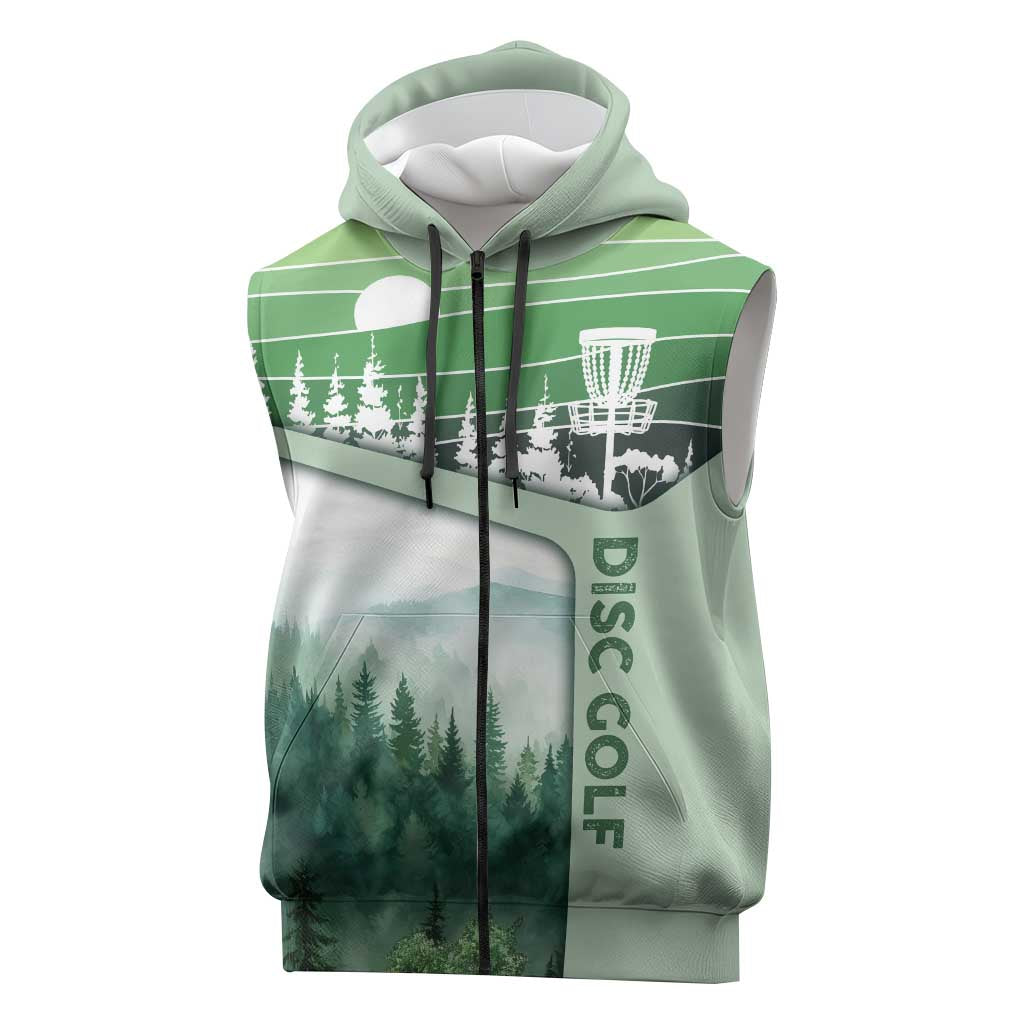 Custom Disc Golf Sleeveless Zip Hoodie with Forest Landscape Basket Silhouette - Wonder Print Shop