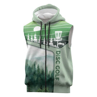 Custom Disc Golf Sleeveless Zip Hoodie with Forest Landscape Basket Silhouette - Wonder Print Shop