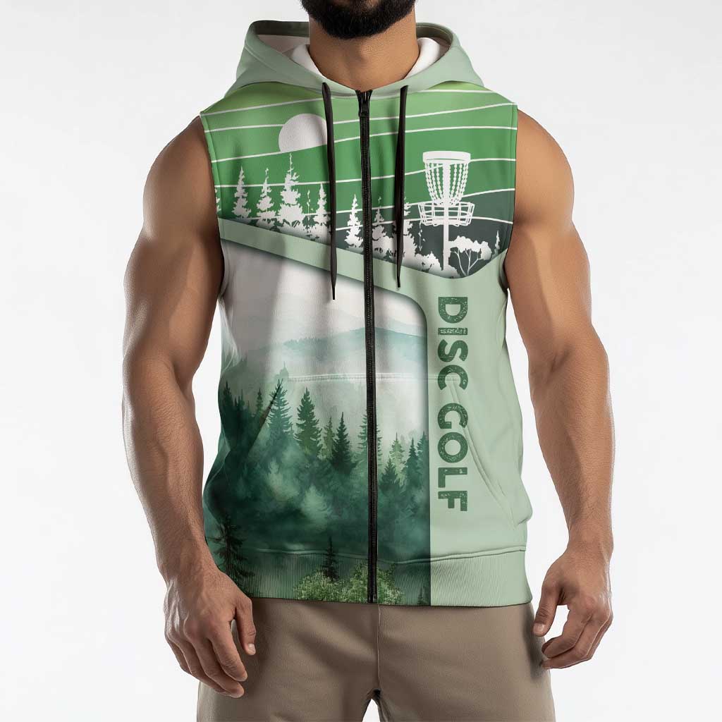 Custom Disc Golf Sleeveless Zip Hoodie with Forest Landscape Basket Silhouette - Wonder Print Shop