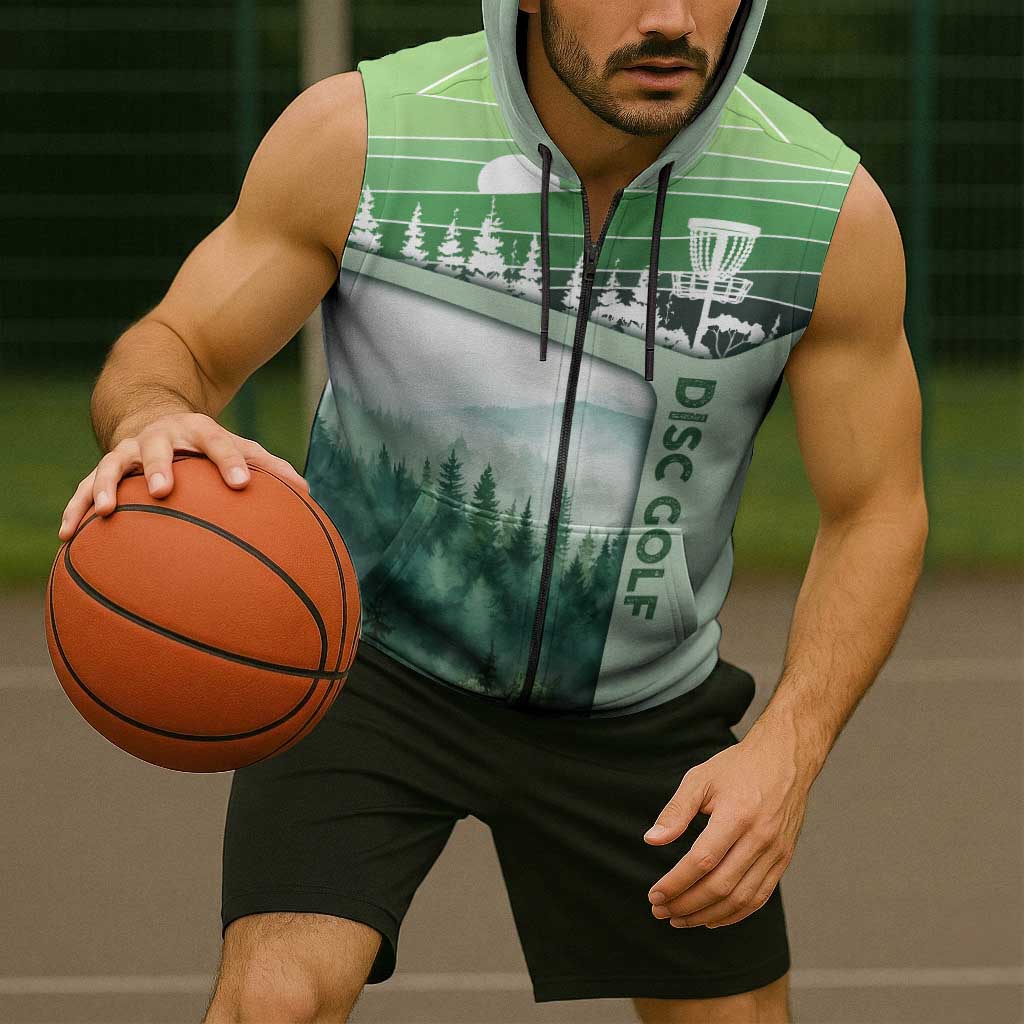 Custom Disc Golf Sleeveless Zip Hoodie with Forest Landscape Basket Silhouette - Wonder Print Shop
