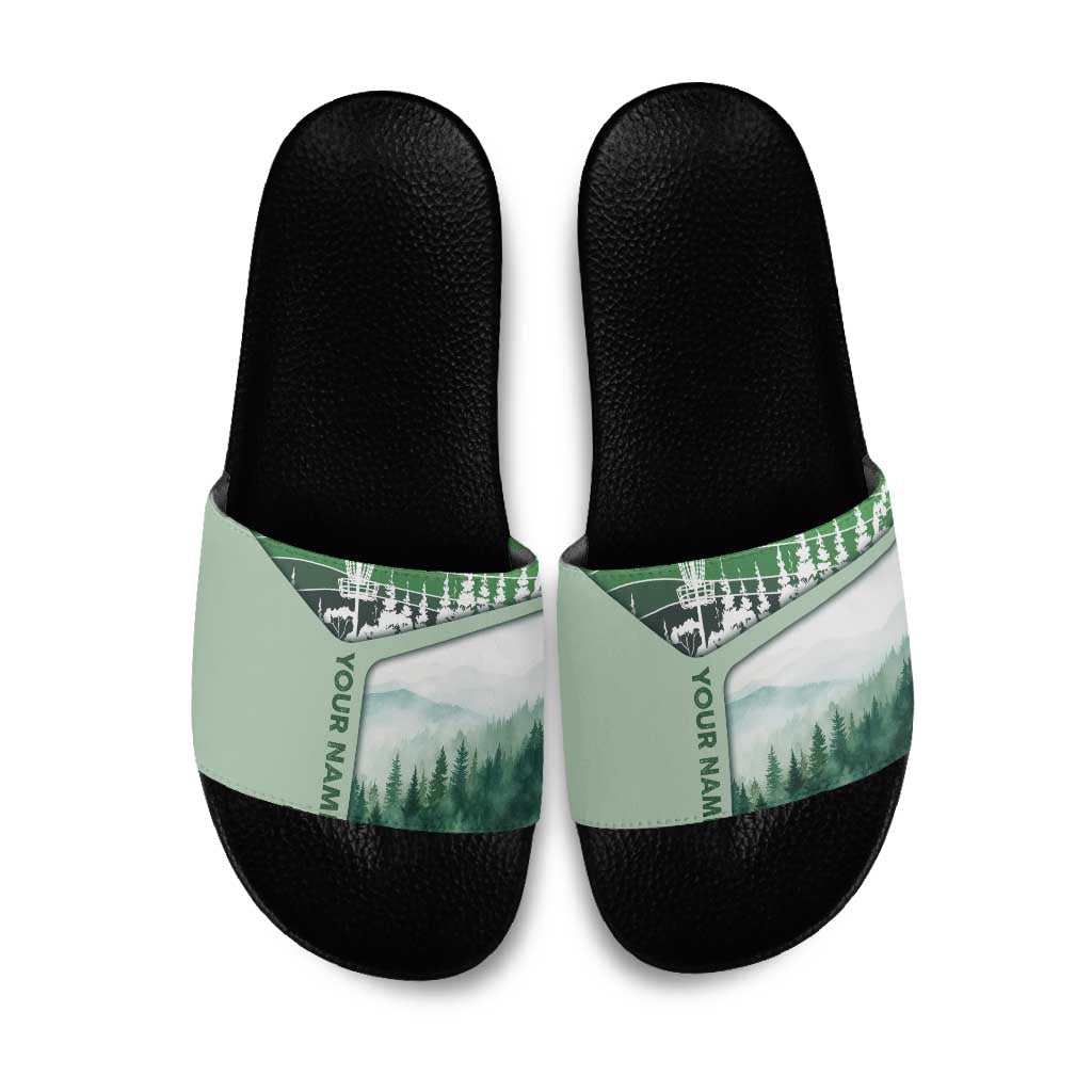 Custom Disc Golf Slide Sandals with Forest Landscape Basket Silhouette - Wonder Print Shop