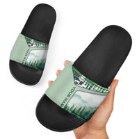 Custom Disc Golf Slide Sandals with Forest Landscape Basket Silhouette - Wonder Print Shop