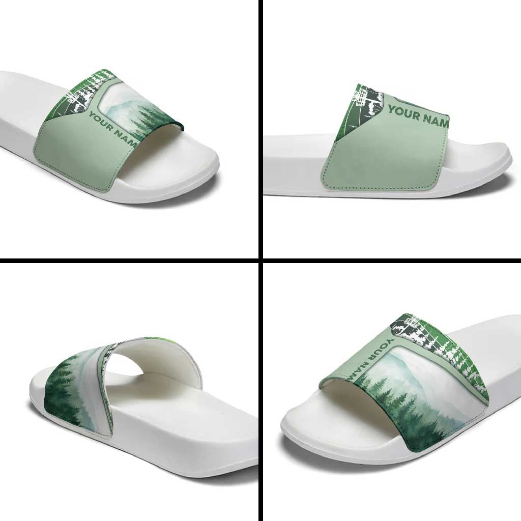 Custom Disc Golf Slide Sandals with Forest Landscape Basket Silhouette - Wonder Print Shop