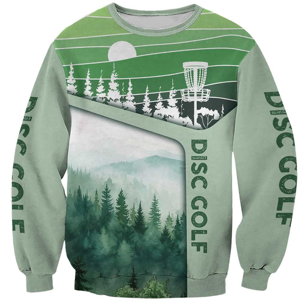 Custom Disc Golf Sweatshirt with Forest Landscape Basket Silhouette - Wonder Print Shop